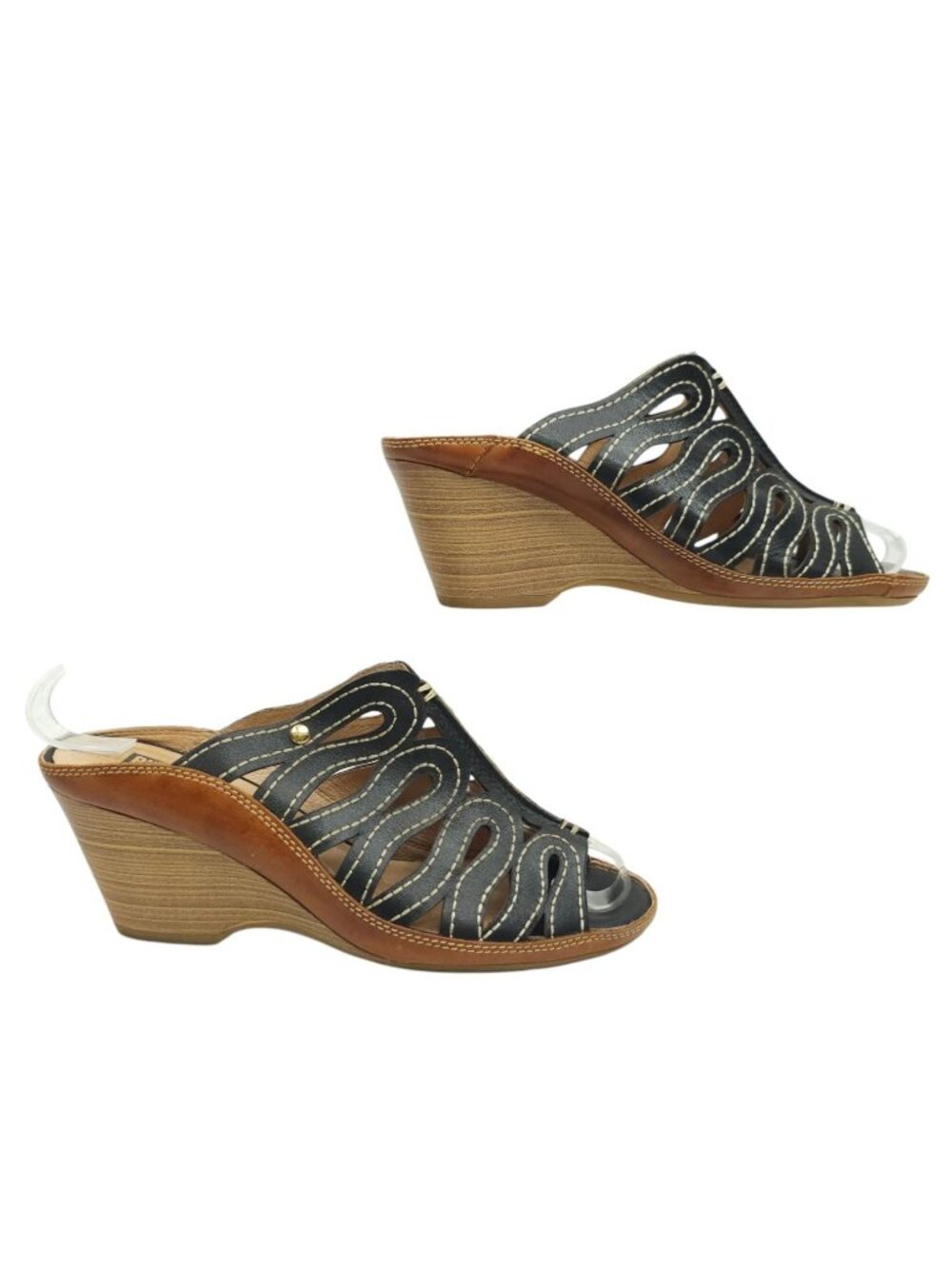 Pikolinos Capri Leather Wedge Sandals Womens 5.5 Open Toe Slide Mule Black Shoes - Picture 2 of 13